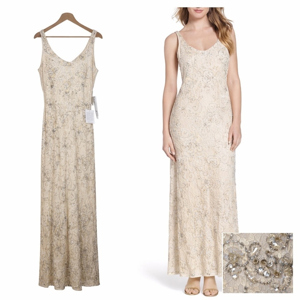 PISARRO NIGHTS Embellished Lace Gown | Champagne | Size 4 | NWT